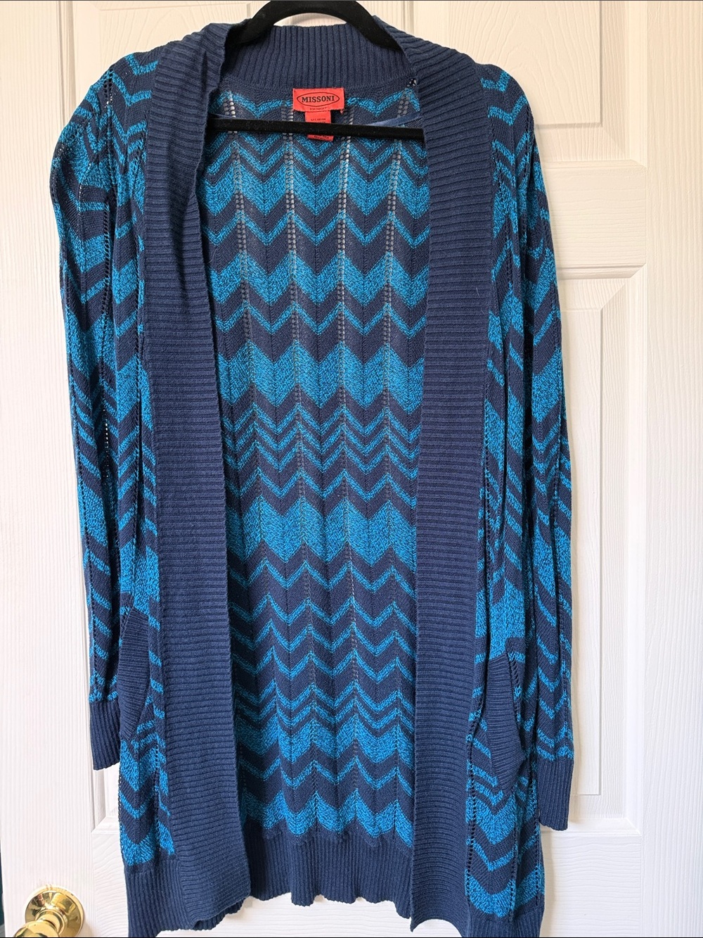 Rare: Missoni Blue and Teal Chevron Open-Front Duster Cardigan